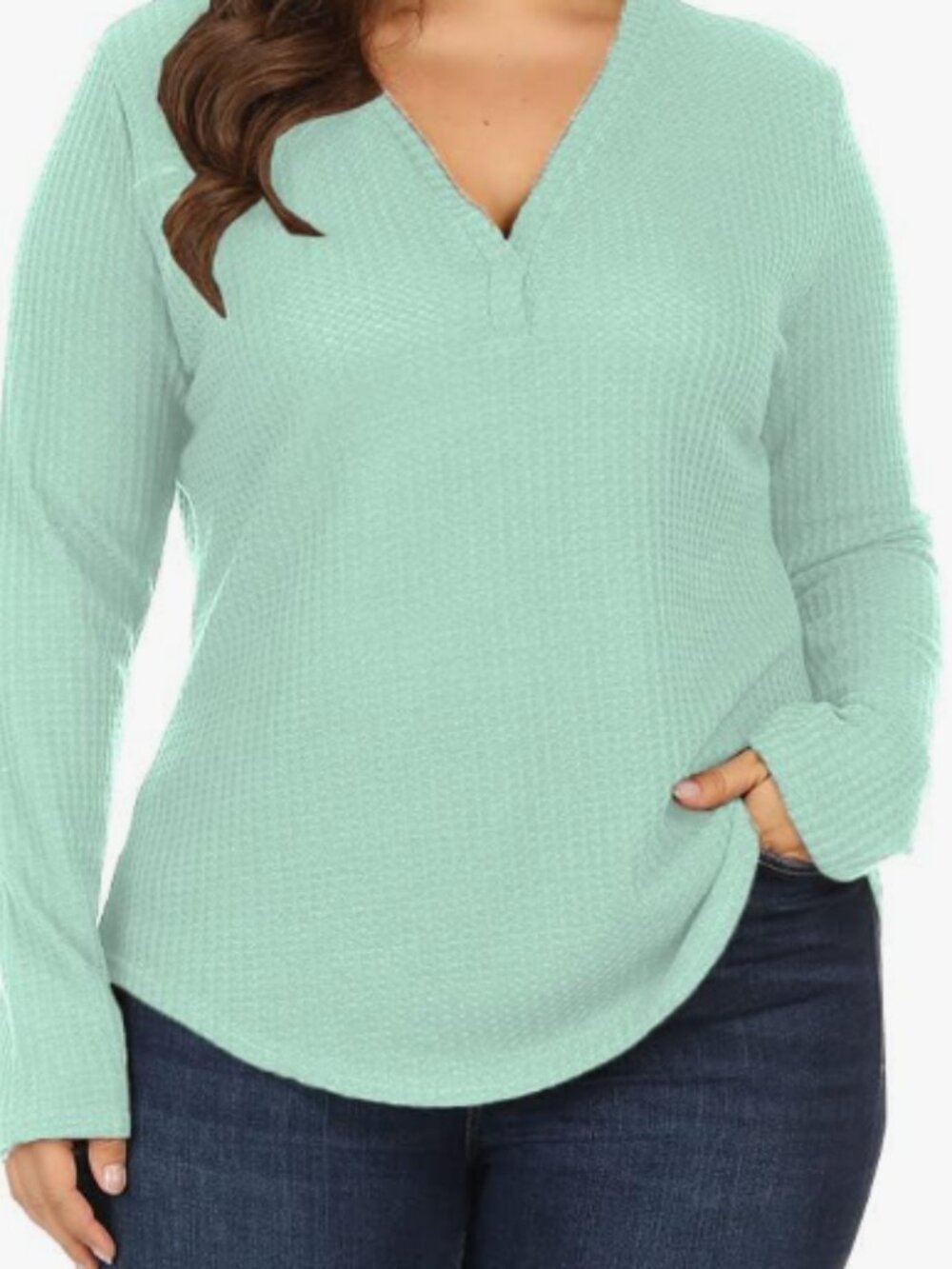ALLEGRACE Women’s Plus Size 3X Mint Green Waffle Knit V-Neck Pullover Top